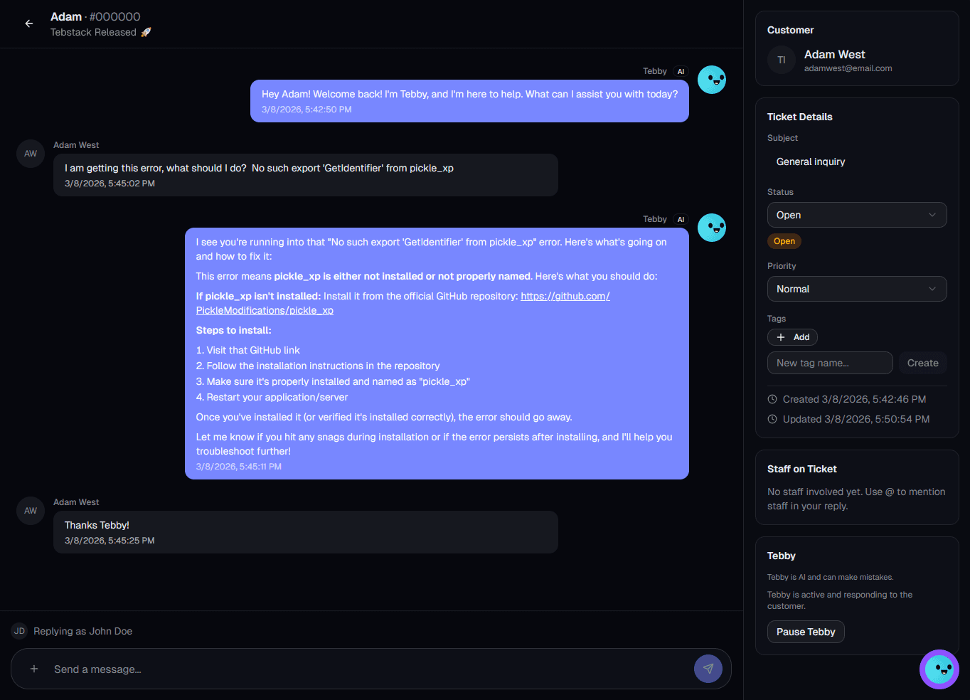 Tebstack dashboard example